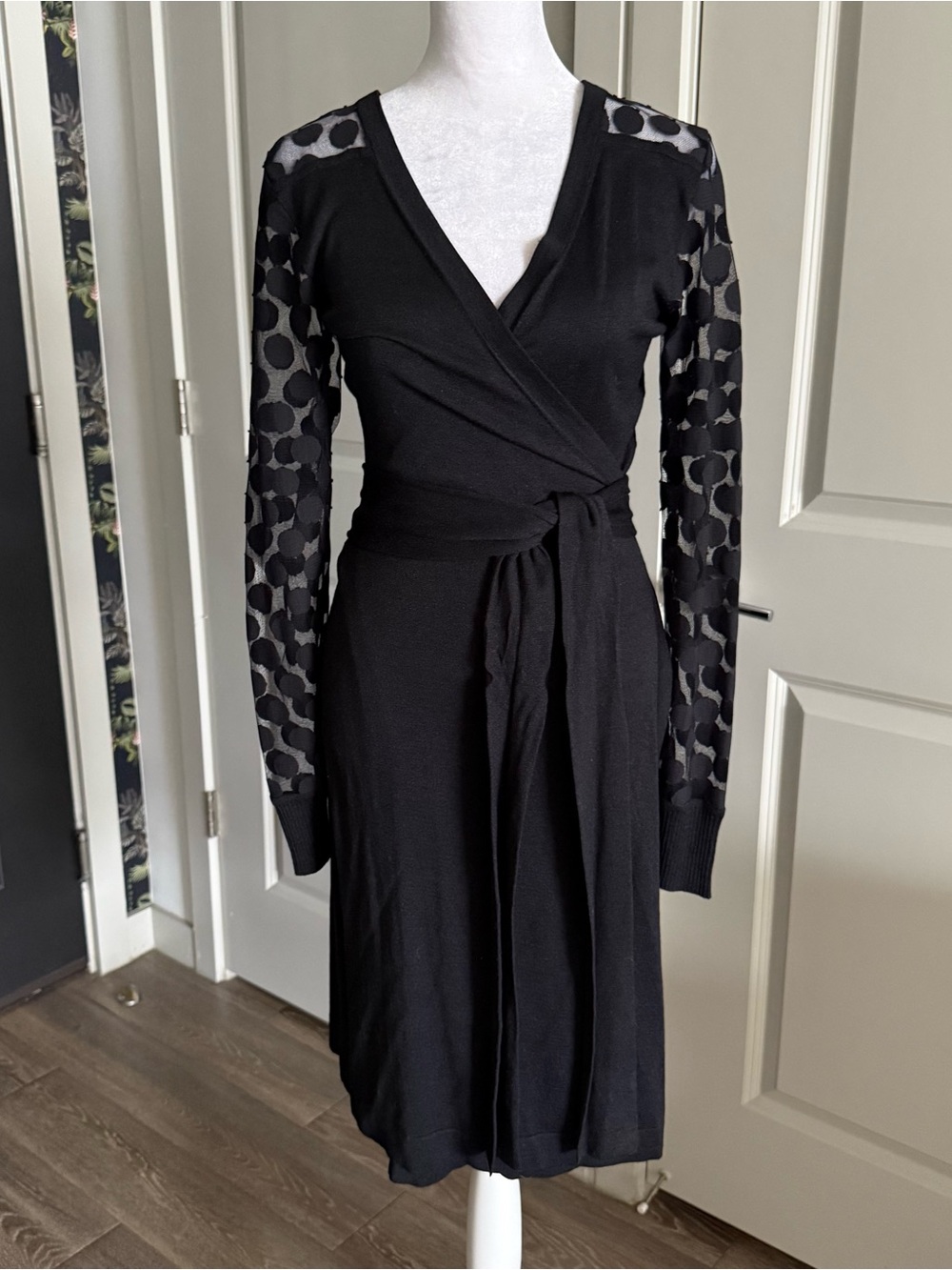 Diane Von Furstenberg Black Knit Silk Wrap Dress with Sheer Detail Size M